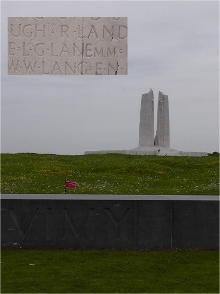Vimy Ridge Memorial with inset of inscription for Lane.